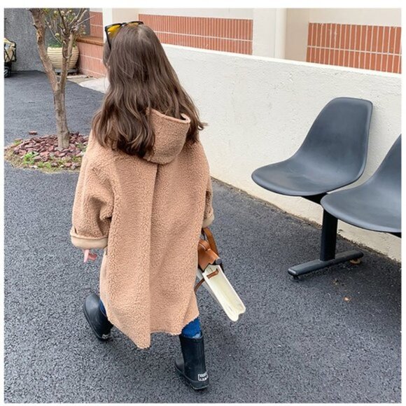 UNIQUE Kids Oversized Woolen Hooded Trench Coat Pink - Picture 3 of 7